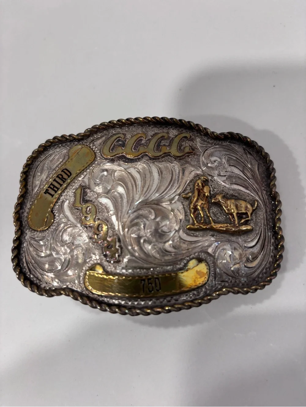Phoenix Mfg Vtg 3rd Place Rodeo Belt Buckle Sterling Silver Overlay Made in USA